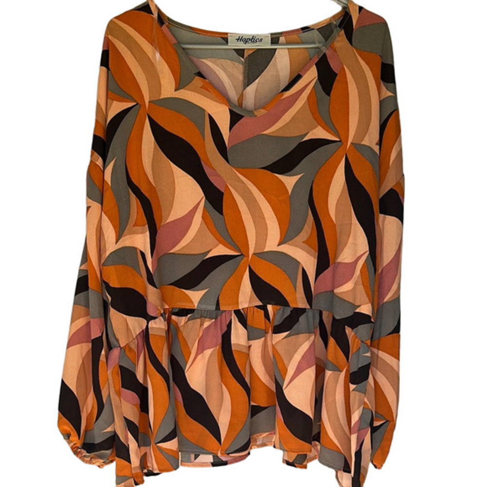 Vibrant Orange and Pink Peplum Blouse with Long Sleeves